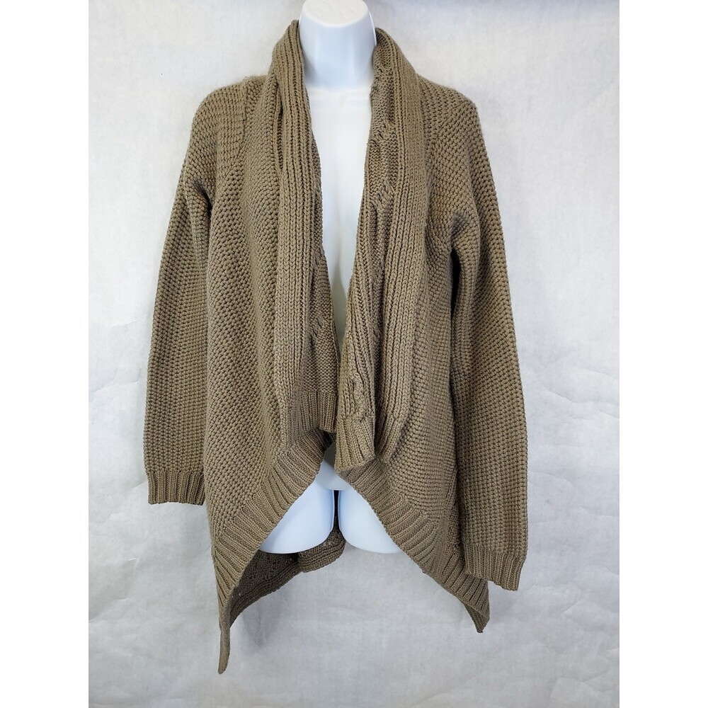 Triple Five Soul Open Waterfall Cardigan Women's M Sweater Tan Chunky Cable Knit